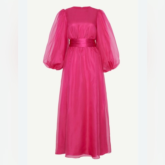 VEILED NWT Silk Organza Balloon Sleeve A-Line Maxi Dress Sz Small Short Hot Pink - Picture 1 of 9